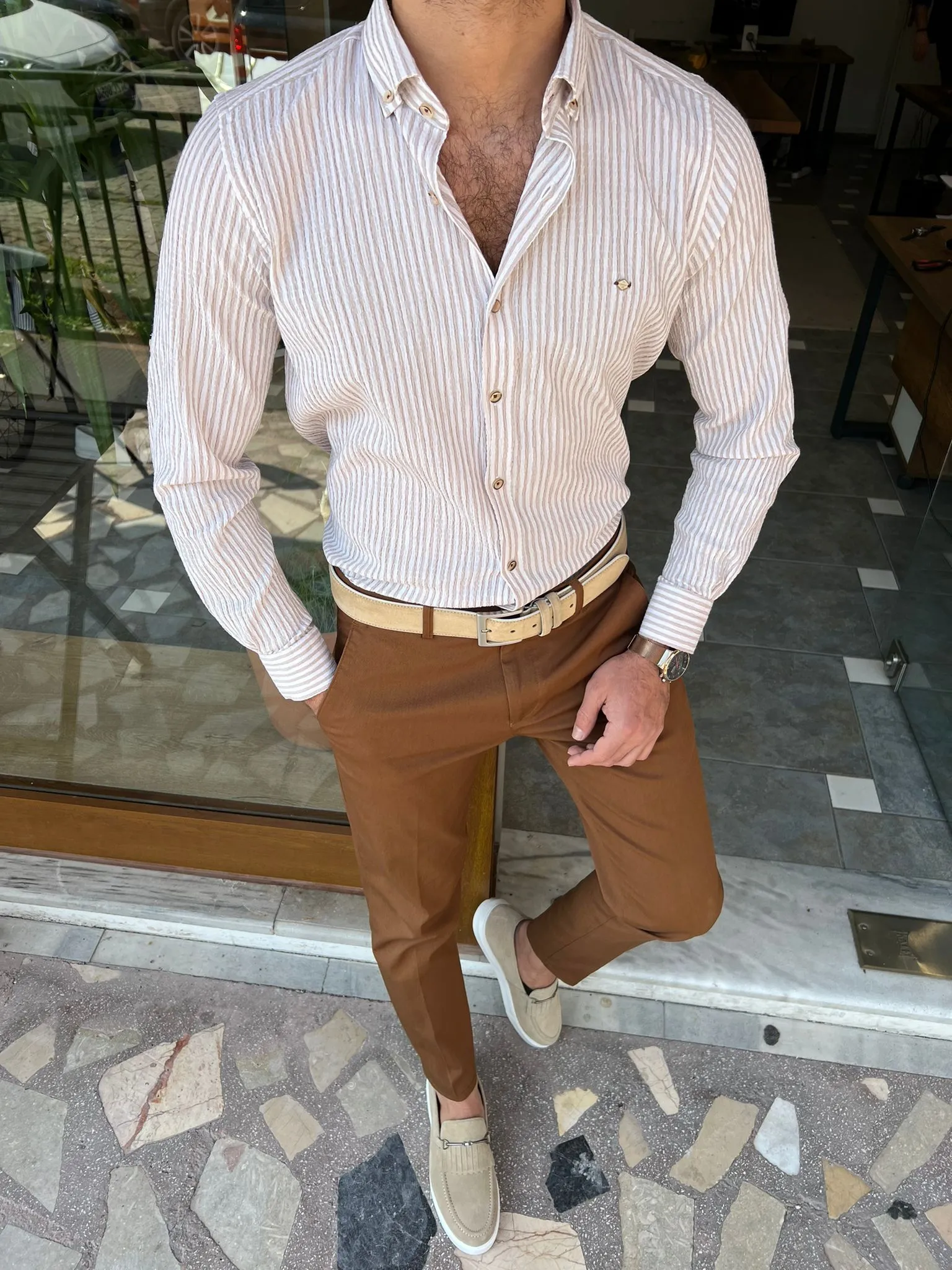GentWith Orlando Beige Slim Fit Long Sleeve Striped Cotton Shirt - GENT WITH
