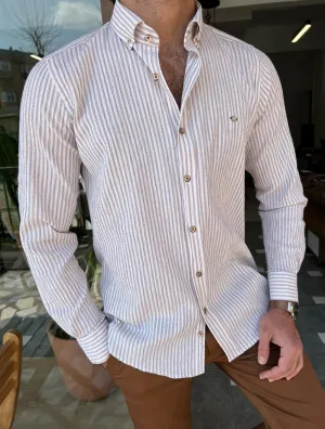 GentWith Orlando Beige Slim Fit Long Sleeve Striped Cotton Shirt - GENT WITH