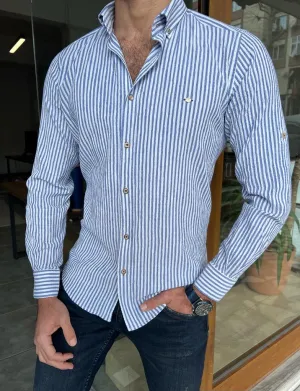 GentWith Orlando Blue Slim Fit Long Sleeve Striped Cotton Shirt - GENT WITH