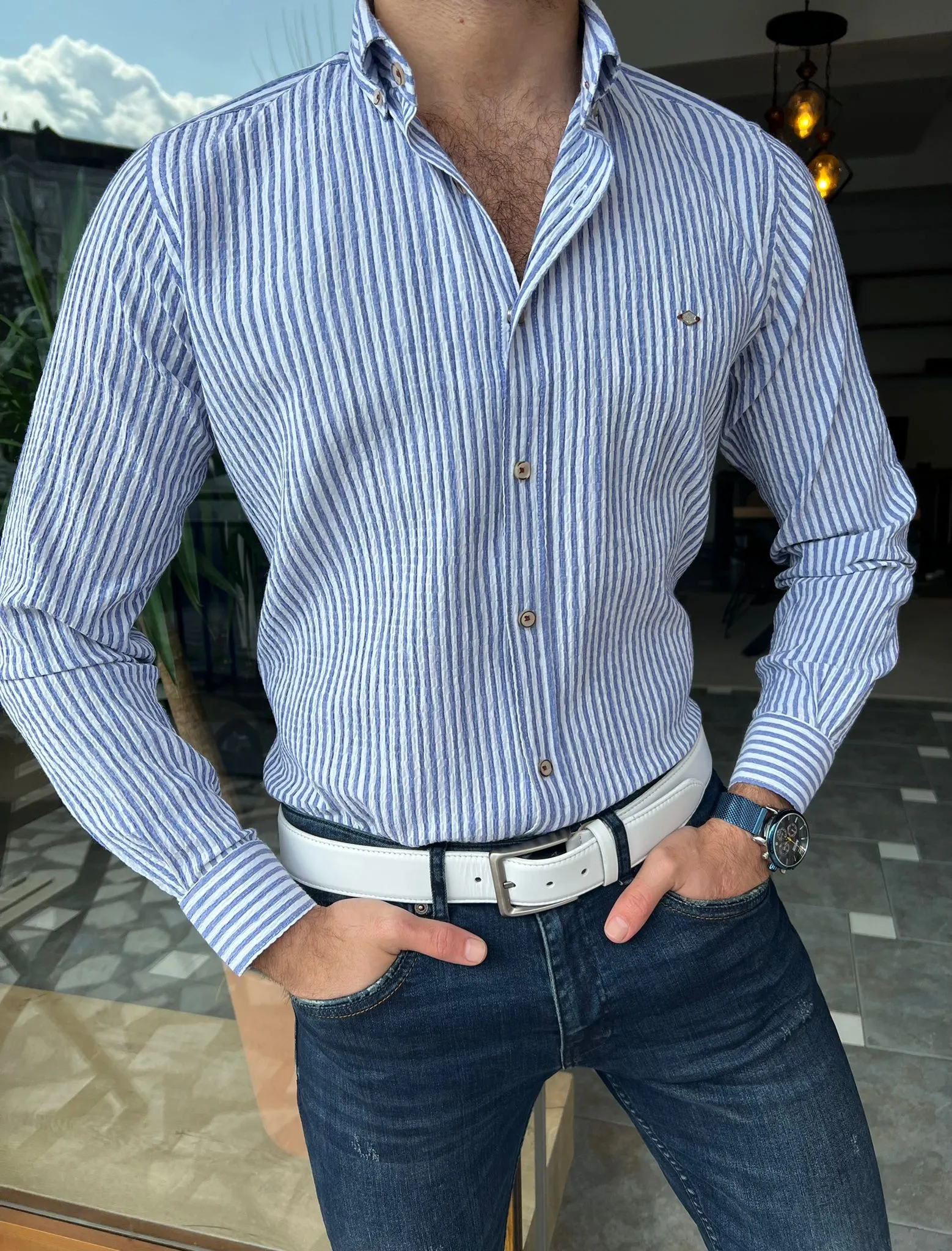 GentWith Orlando Blue Slim Fit Long Sleeve Striped Cotton Shirt - GENT WITH