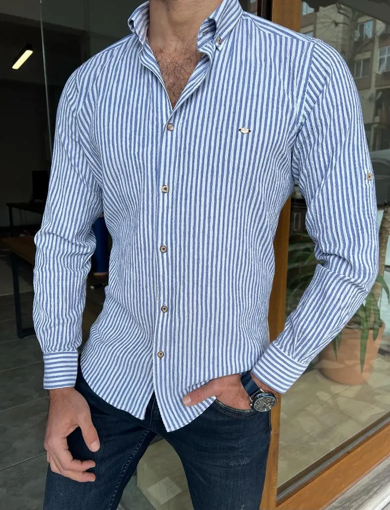 GentWith Orlando Blue Slim Fit Long Sleeve Striped Cotton Shirt - GENT WITH