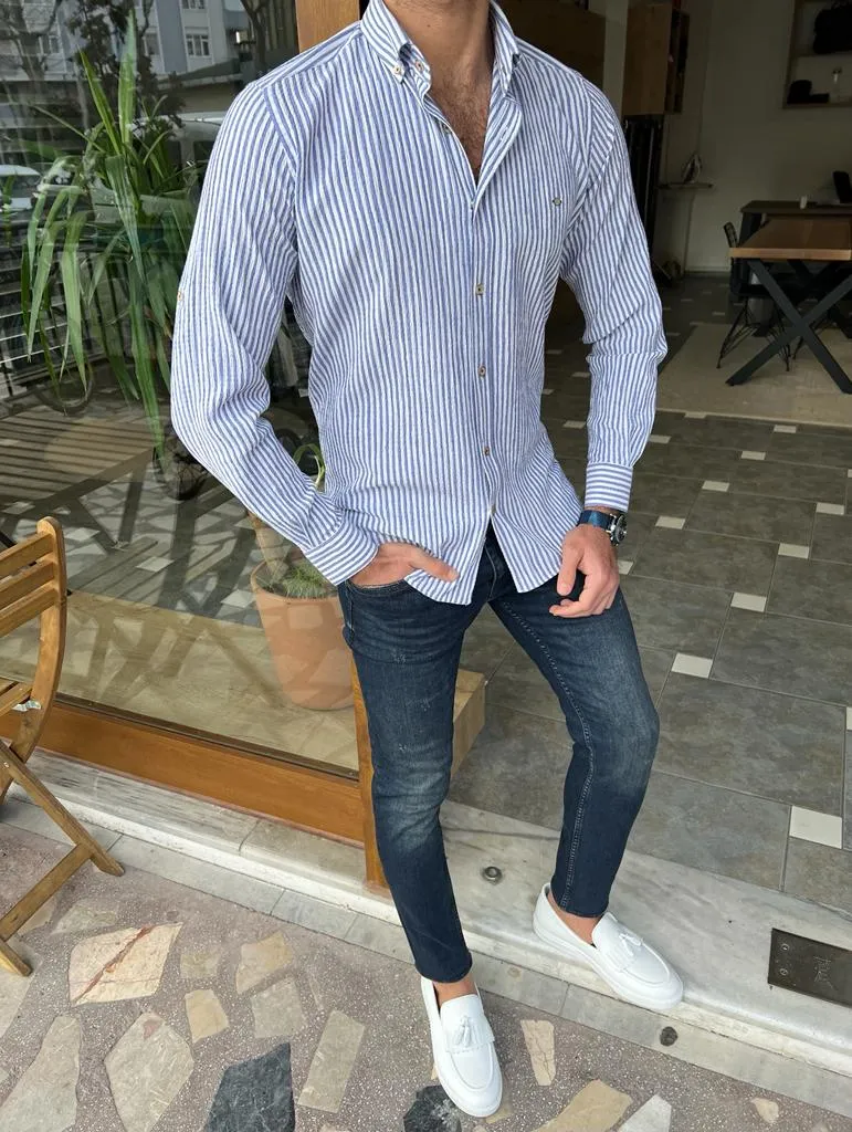 GentWith Orlando Blue Slim Fit Long Sleeve Striped Cotton Shirt - GENT WITH