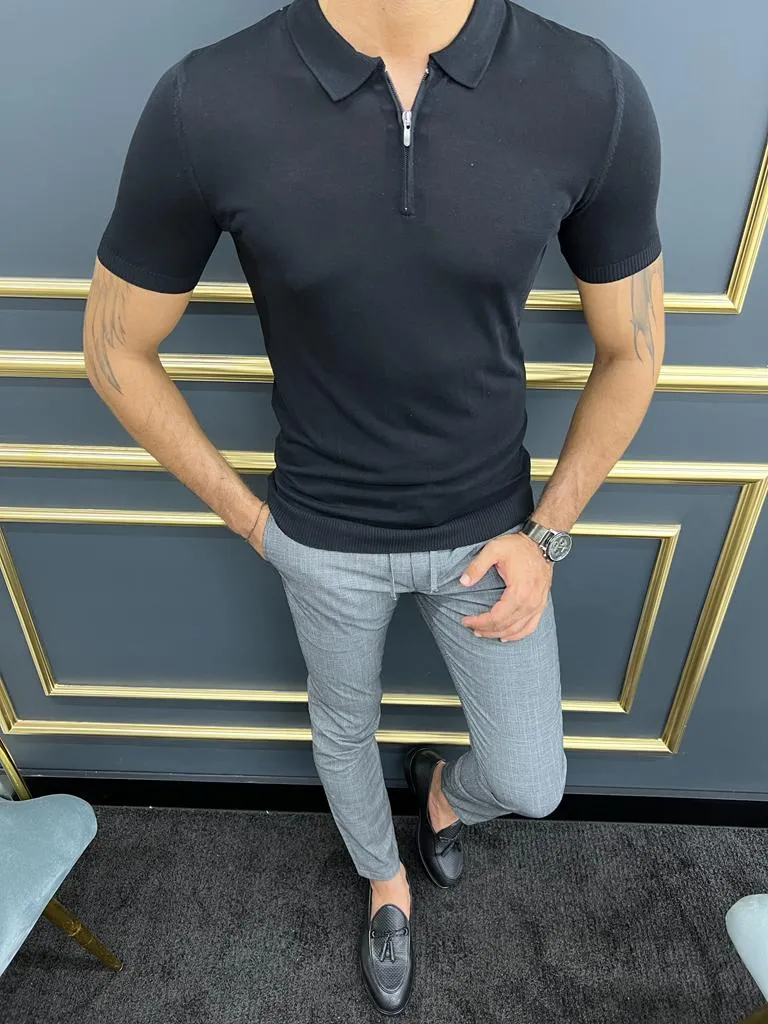 GentWith Tampa Black Slim Fit Zipper Polo T-Shirt - GENT WITH