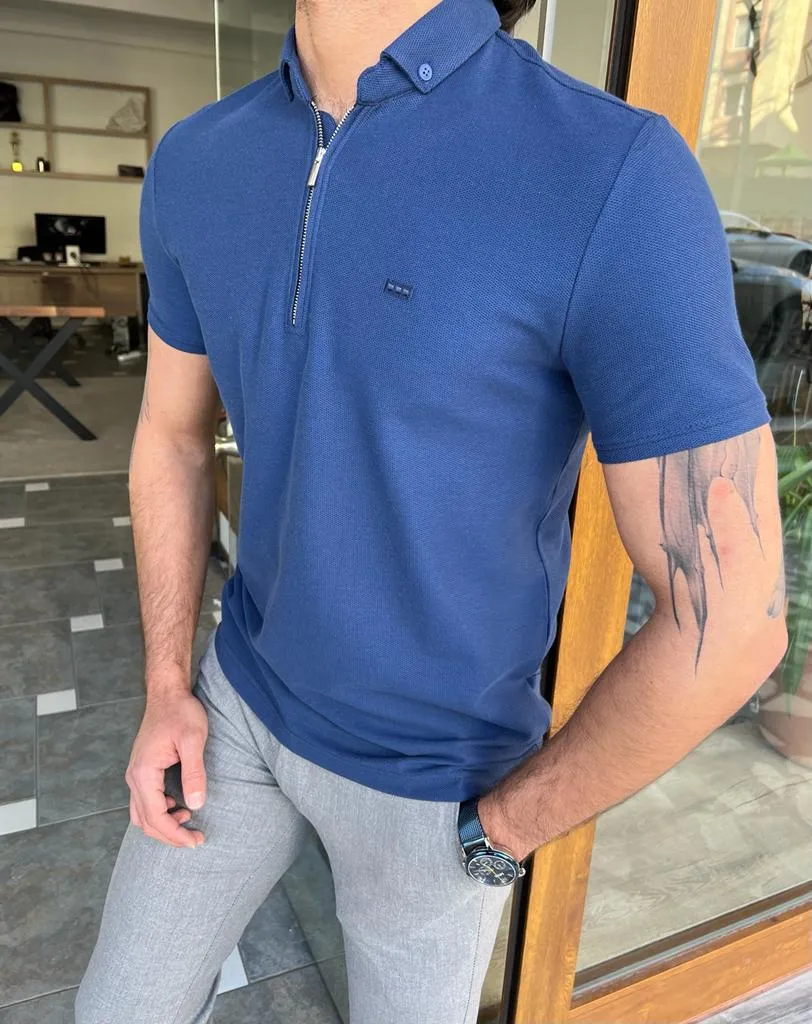 GentWith Tampa Blue Slim Fit Zipper Polo T-Shirt - GENT WITH