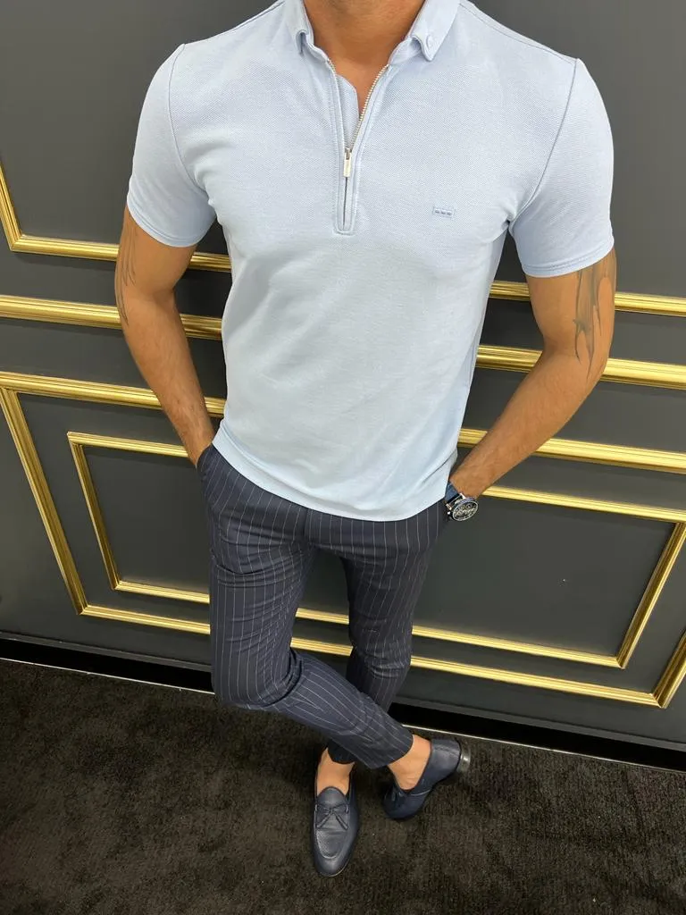 GentWith Tampa Light Blue Slim Fit Zipper Polo T-Shirt - GENT WITH