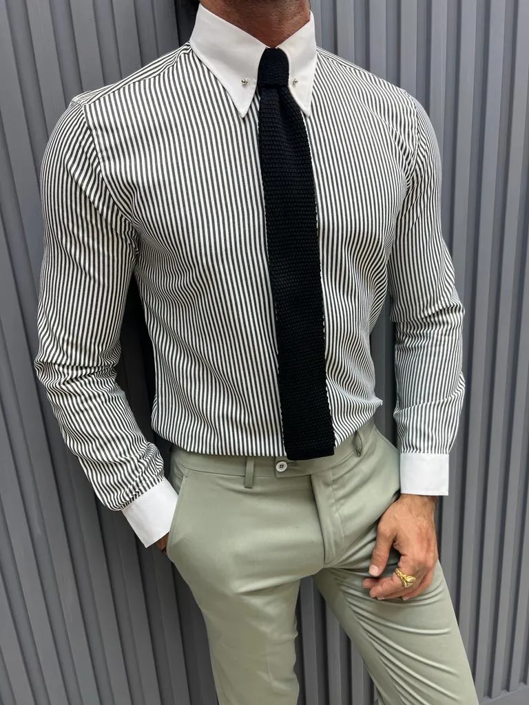 Gray Slim Fit Long Sleeve Cotton Shirt for Men by GentWith.com