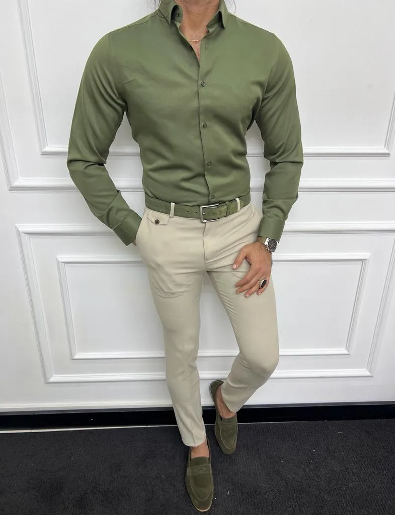 Green Slim Fit Long Sleeve Cotton Shirt for Men by GentWith.com