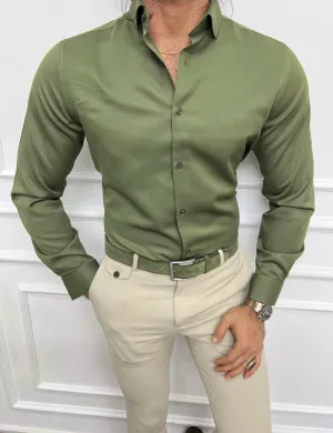 Green Slim Fit Long Sleeve Cotton Shirt for Men by GentWith.com