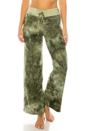 Green Tiedye high waist wide leg fashion pajamas with a drawstring waist.