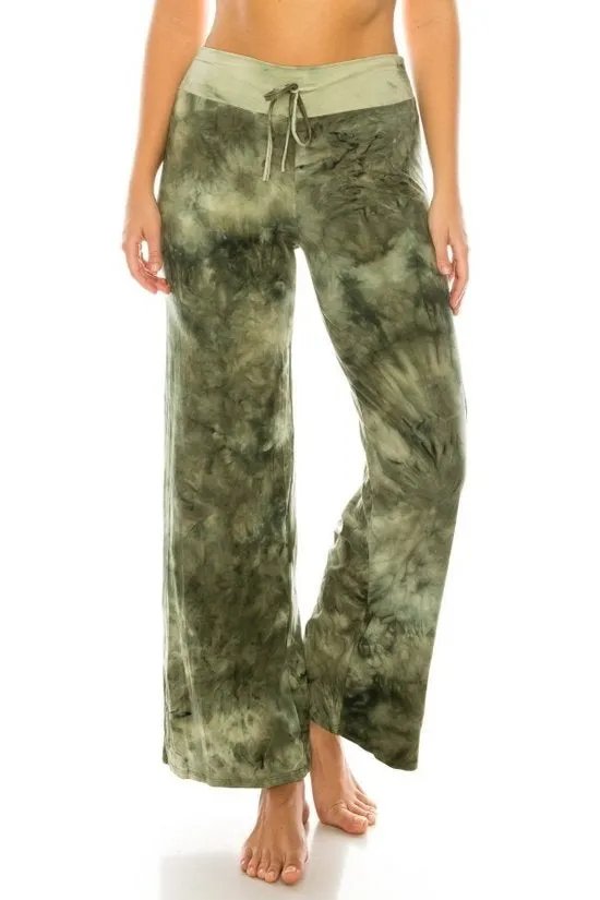Green Tiedye high waist wide leg fashion pajamas with a drawstring waist.