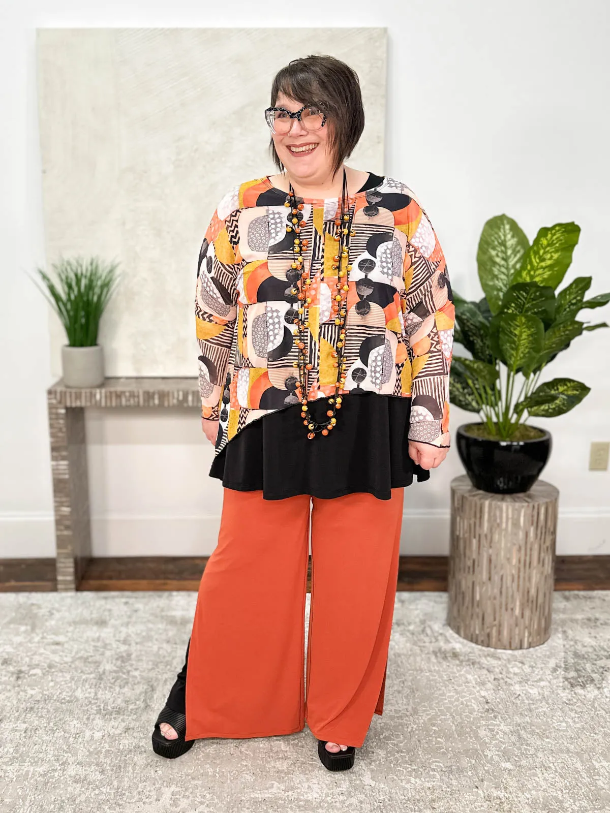High Waist Layered Long Pants, Cinnabar/Black