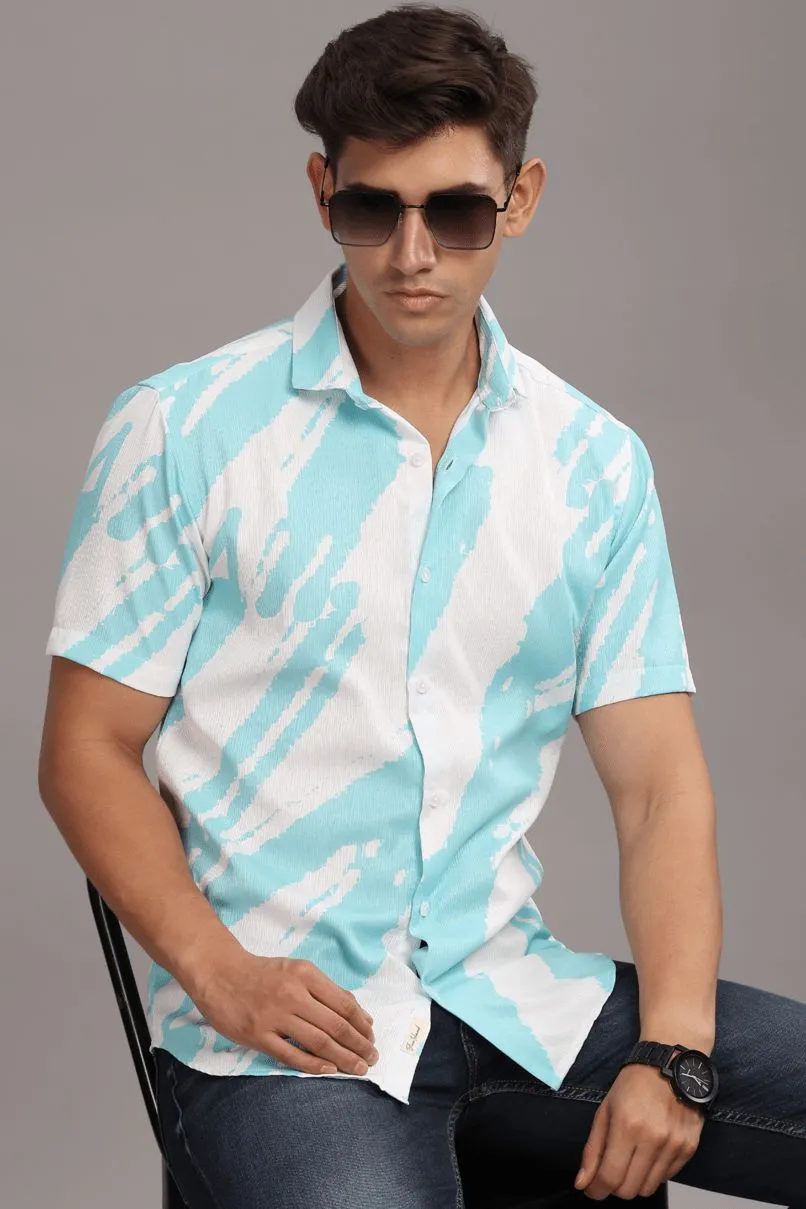 Ice Blue & White Printed Shirt -Half- Wrinkle Free