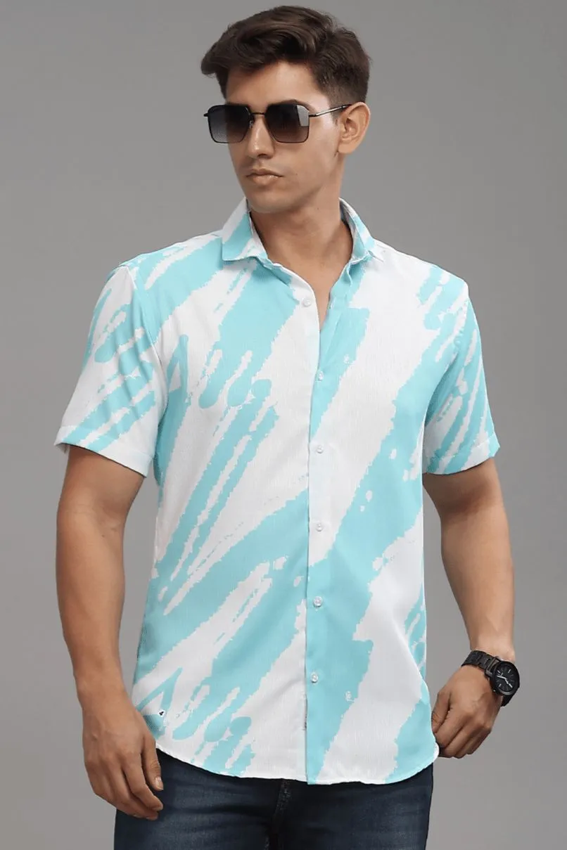 Ice Blue & White Printed Shirt -Half- Wrinkle Free