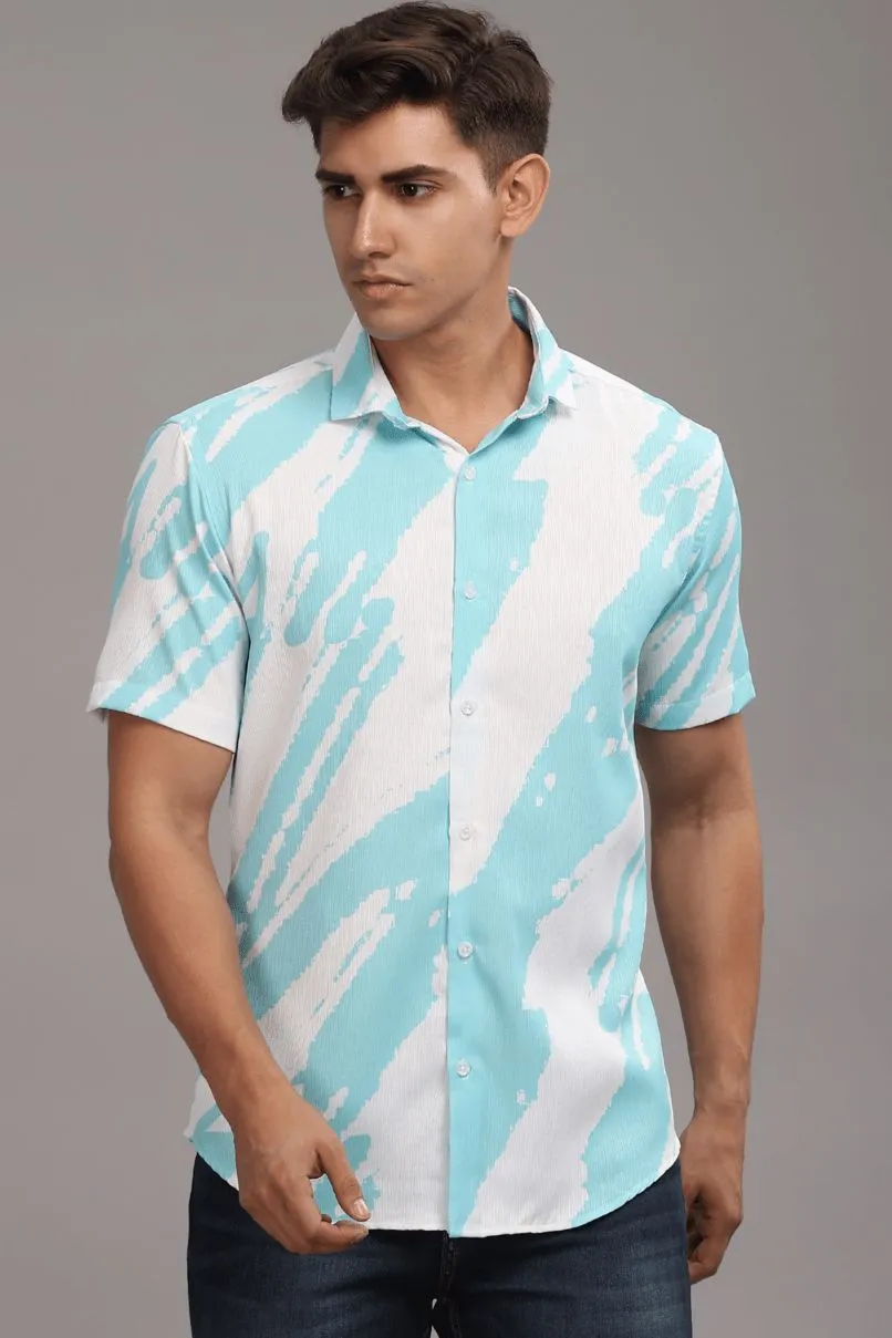 Ice Blue & White Printed Shirt -Half- Wrinkle Free