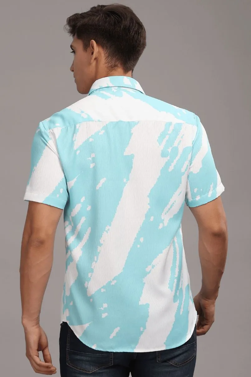 Ice Blue & White Printed Shirt -Half- Wrinkle Free