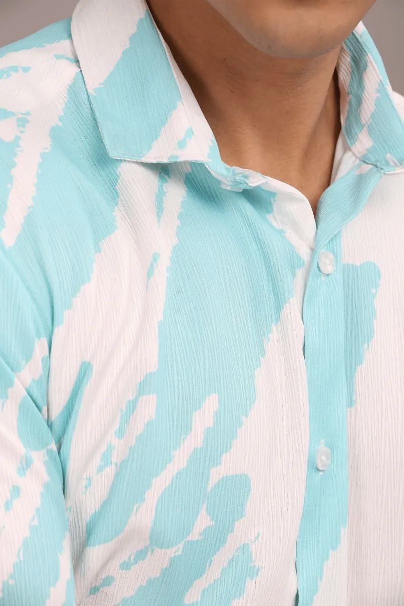 Ice Blue & White Printed Shirt -Half- Wrinkle Free