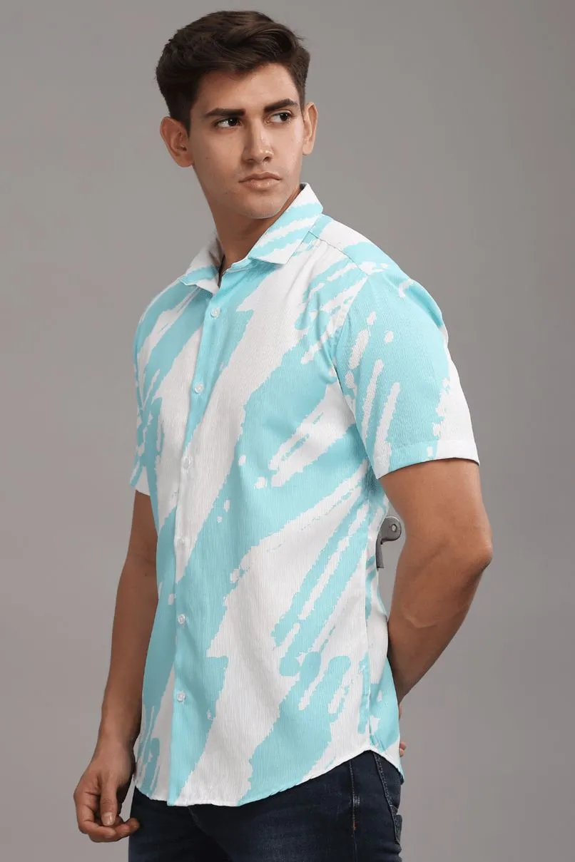 Ice Blue & White Printed Shirt -Half- Wrinkle Free