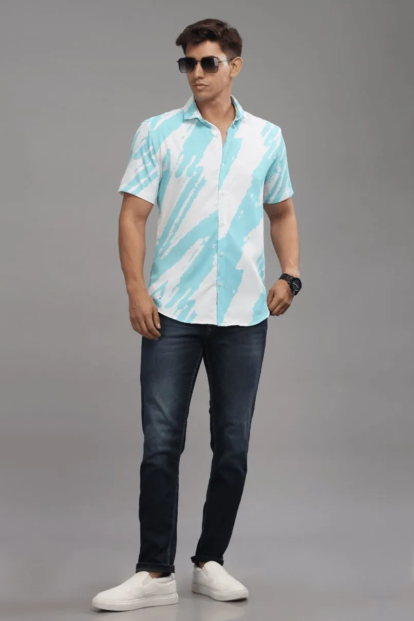 Ice Blue & White Printed Shirt -Half- Wrinkle Free