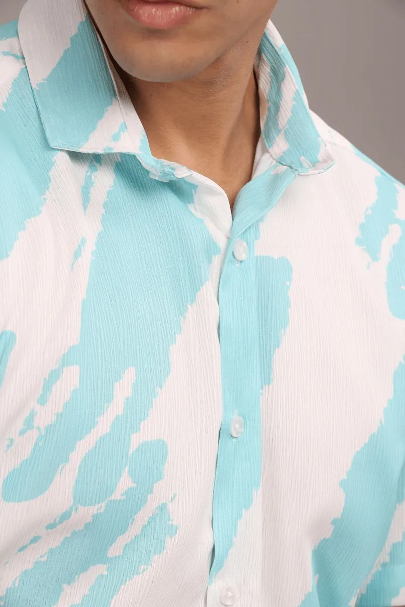 Ice Blue & White Printed Shirt -Half- Wrinkle Free