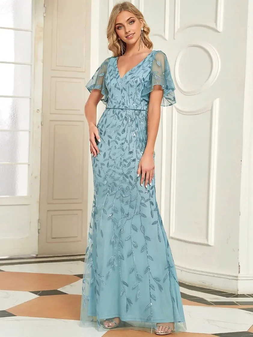 JuliaFashion - JuliaFashion-Elegant Evening Dresses Long Lace V-neck Mermaid Short Slee Dress