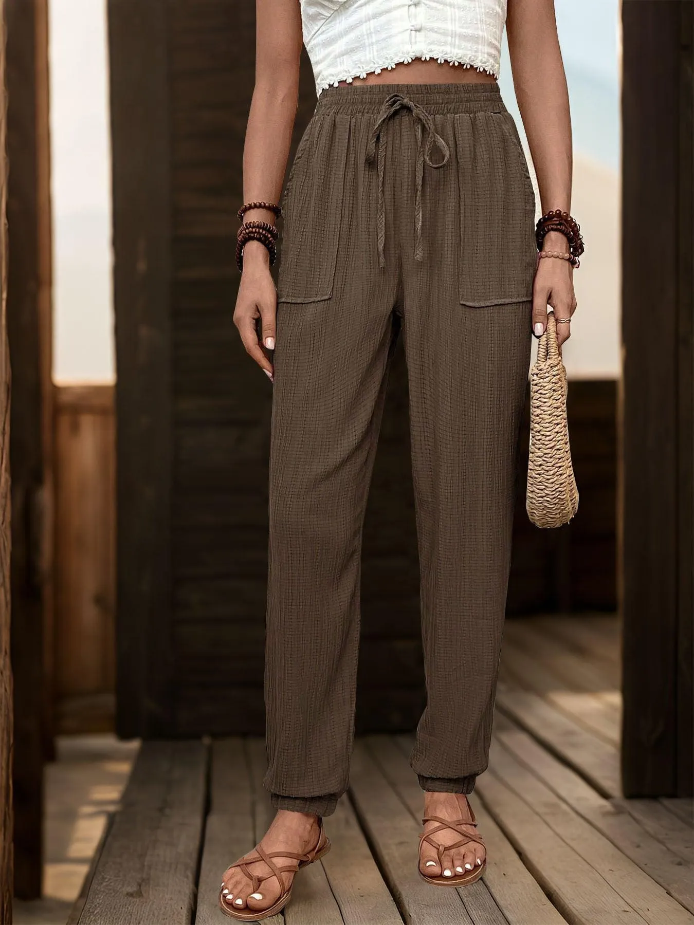 Ladies High Waist Drawstring with Pockets Pants 3148