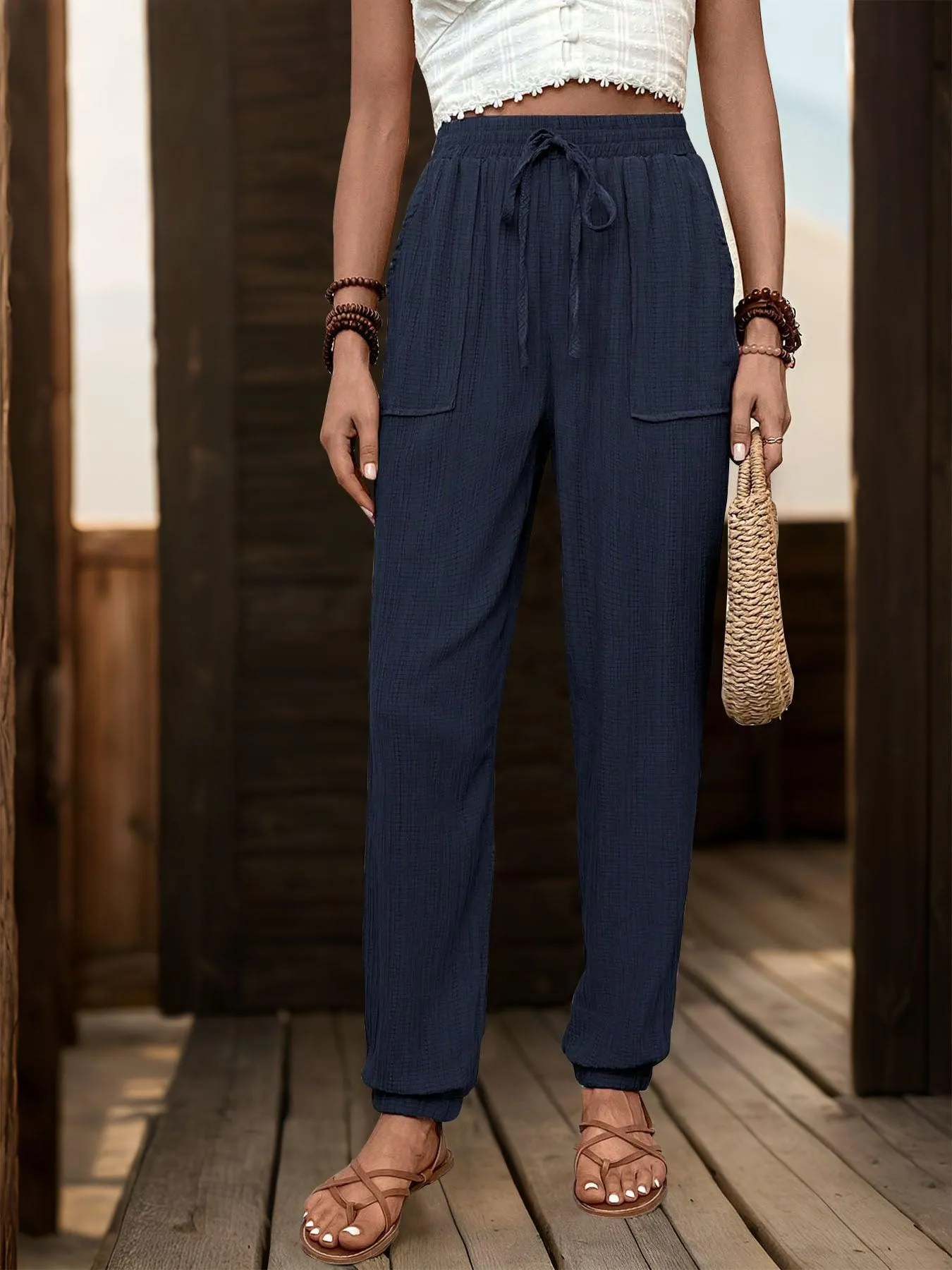 Ladies High Waist Drawstring with Pockets Pants 3148