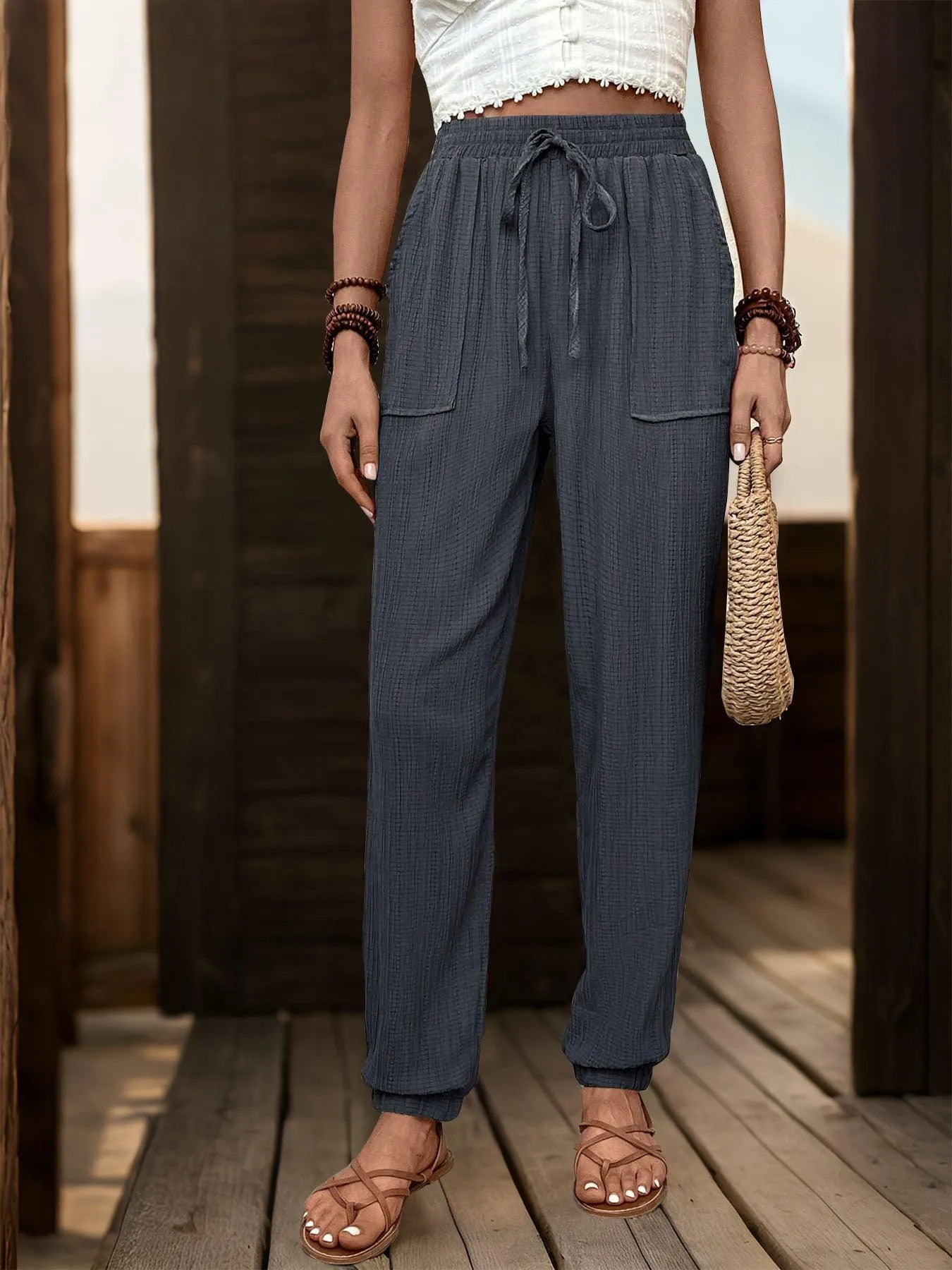 Ladies High Waist Drawstring with Pockets Pants 3148