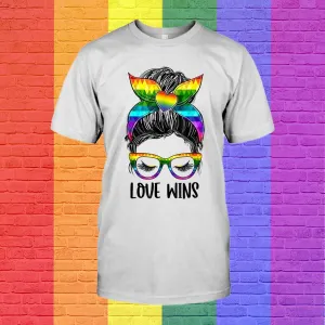 Lesbian Couple Shirts, Love Wins Messy Bun Rainbow Lgbt Gay Pride Lgbt T Shirt, Funny Lesbian Gifts
