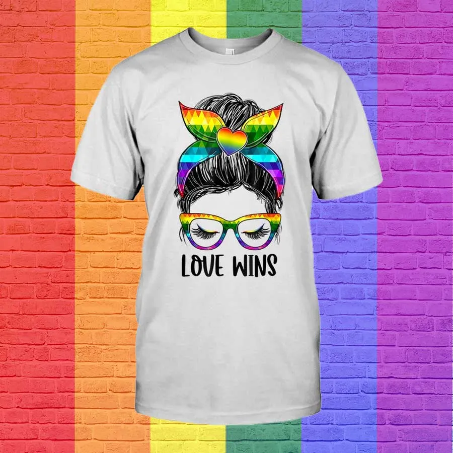 Lesbian Couple Shirts, Love Wins Messy Bun Rainbow Lgbt Gay Pride Lgbt T Shirt, Funny Lesbian Gifts