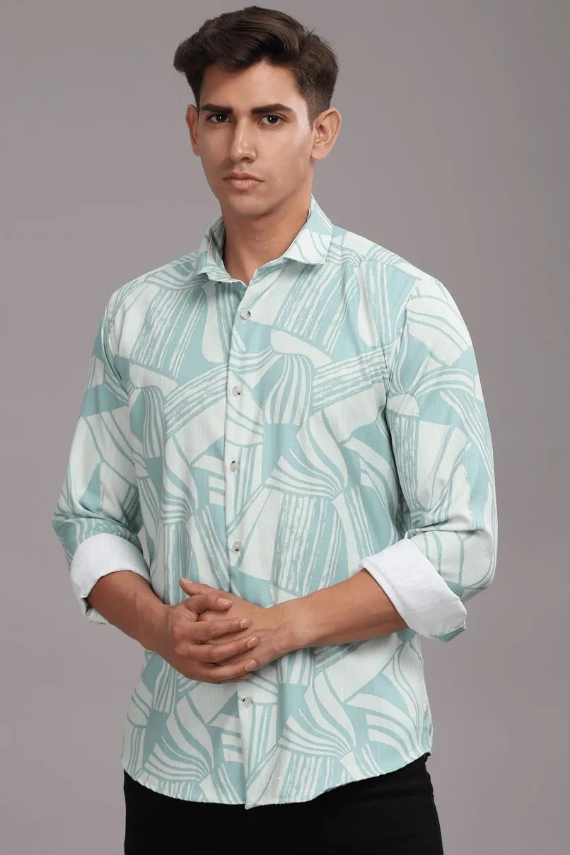 Lite Turquoise Green Printed Shirt -Full- Wrinkle Free