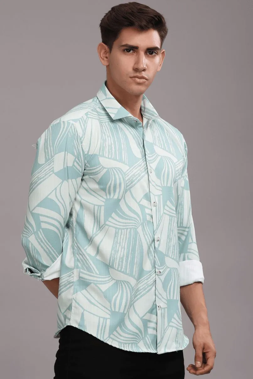 Lite Turquoise Green Printed Shirt -Full- Wrinkle Free
