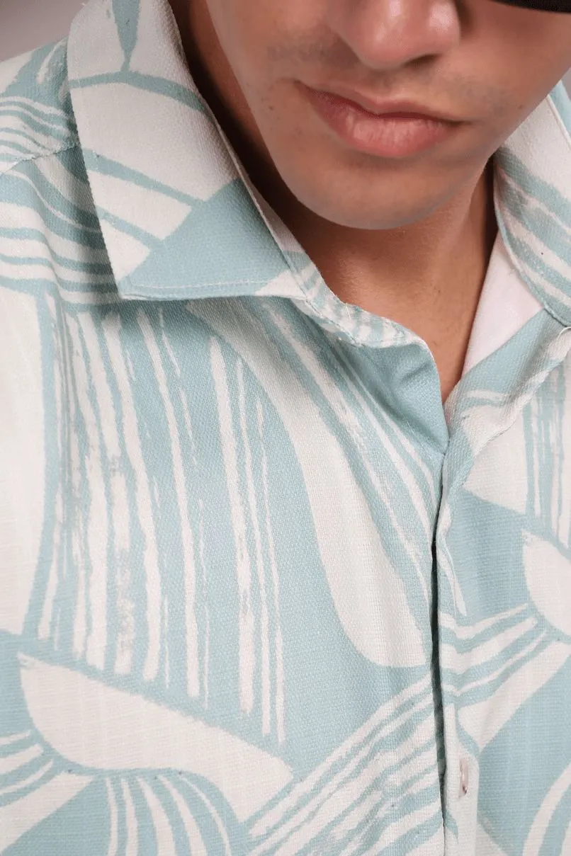 Lite Turquoise Green Printed Shirt -Full- Wrinkle Free