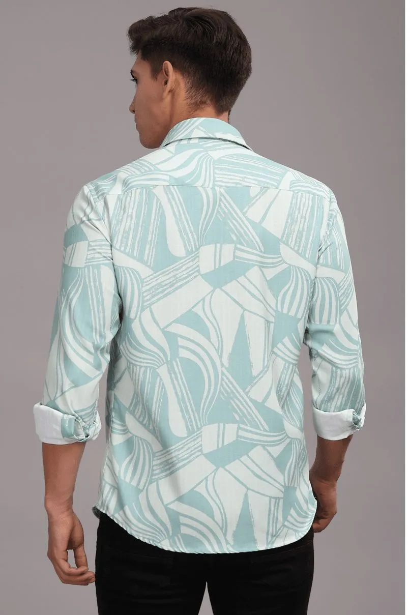 Lite Turquoise Green Printed Shirt -Full- Wrinkle Free