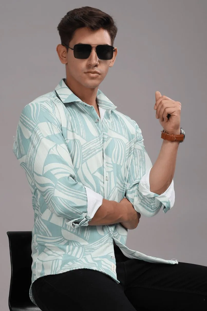 Lite Turquoise Green Printed Shirt -Full- Wrinkle Free