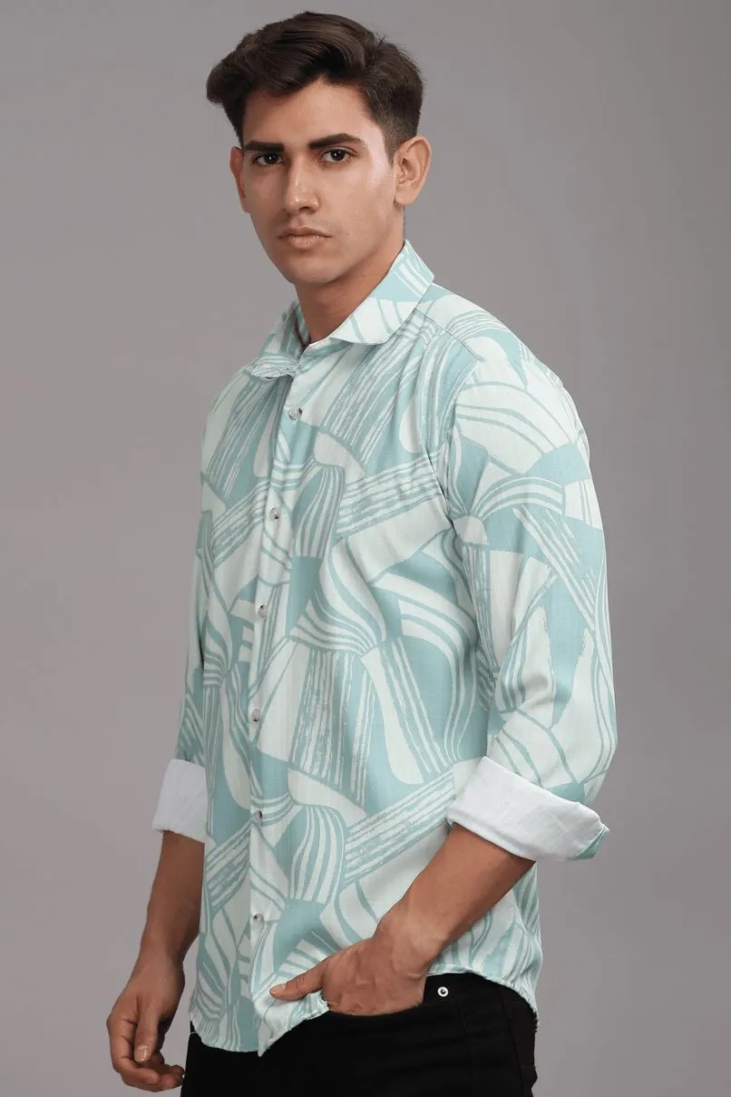 Lite Turquoise Green Printed Shirt -Full- Wrinkle Free