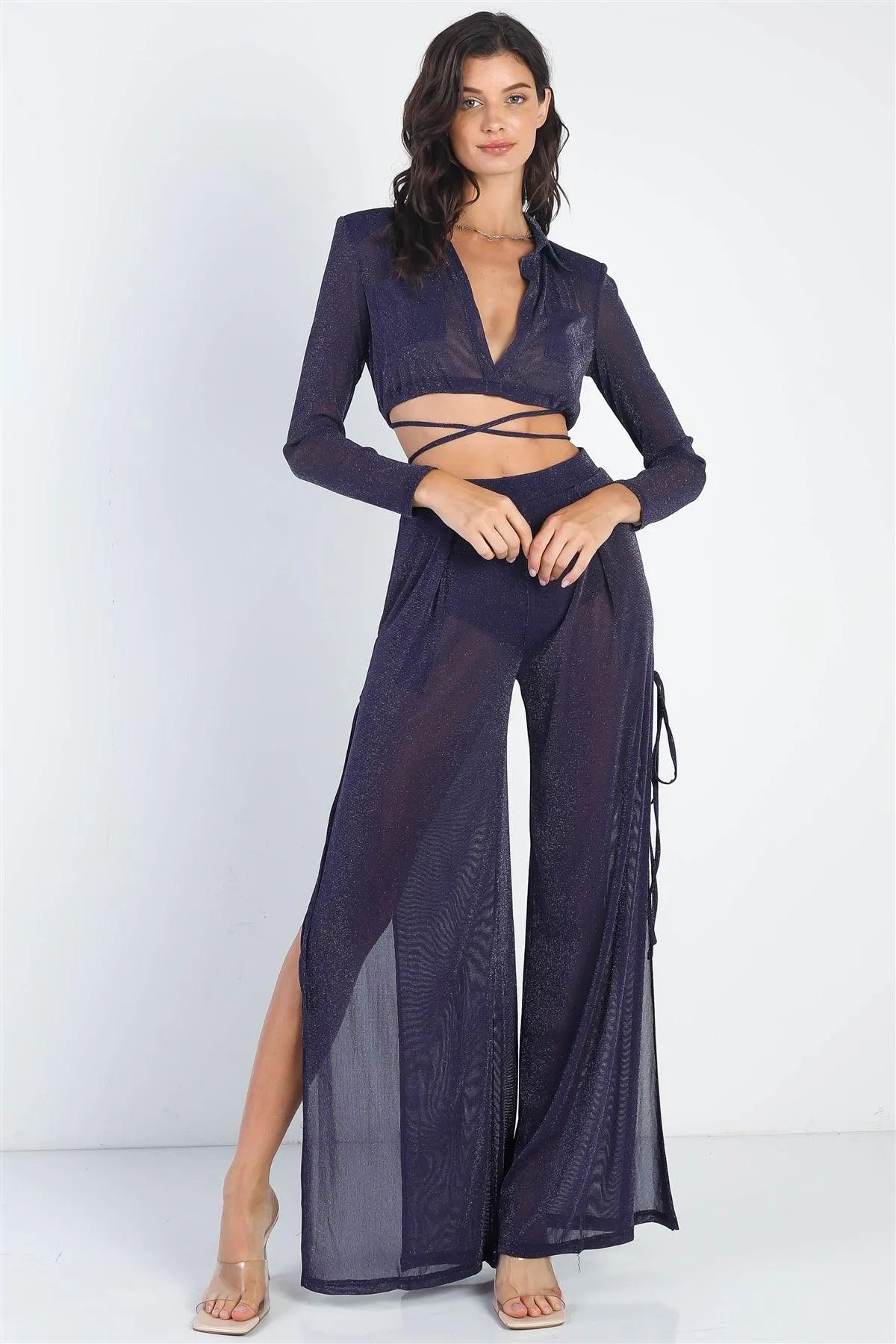 Lurex Shoulder Pad Collared Top & High Waist Side Slits Self-Tie Pants Set