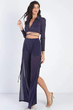 Lurex Shoulder Pad Collared Top & High Waist Side Slits Self-Tie Pants Set