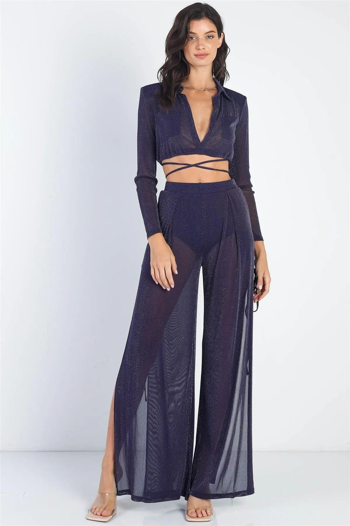 Lurex Shoulder Pad Collared Top & High Waist Side Slits Self-Tie Pants Set
