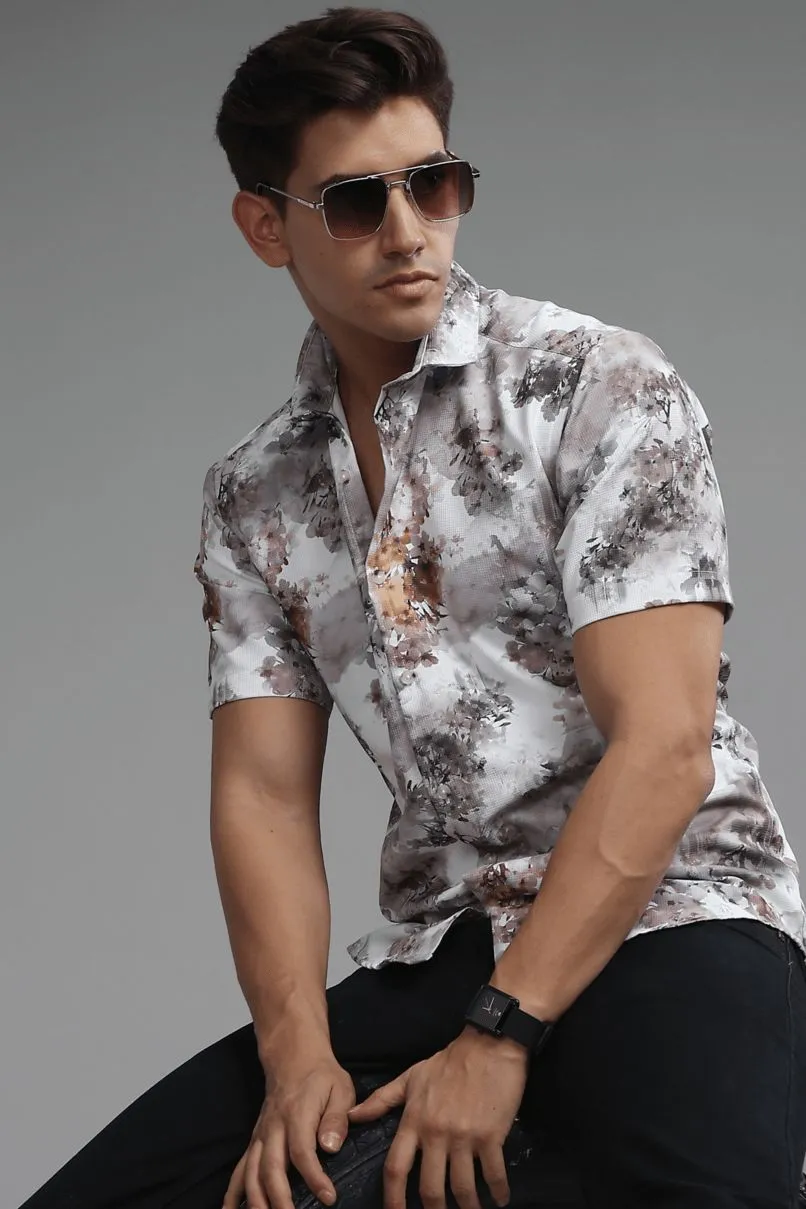 Misty White Multi Leaf Printed shirt - Half - Wrinkle Free