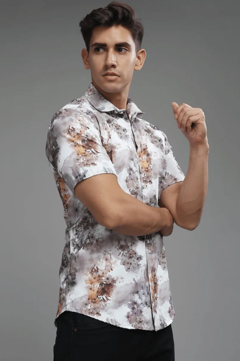 Misty White Multi Leaf Printed shirt - Half - Wrinkle Free