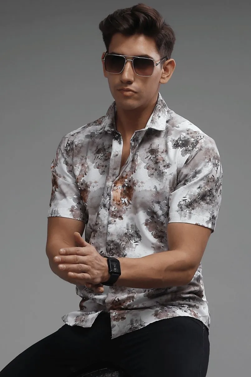 Misty White Multi Leaf Printed shirt - Half - Wrinkle Free
