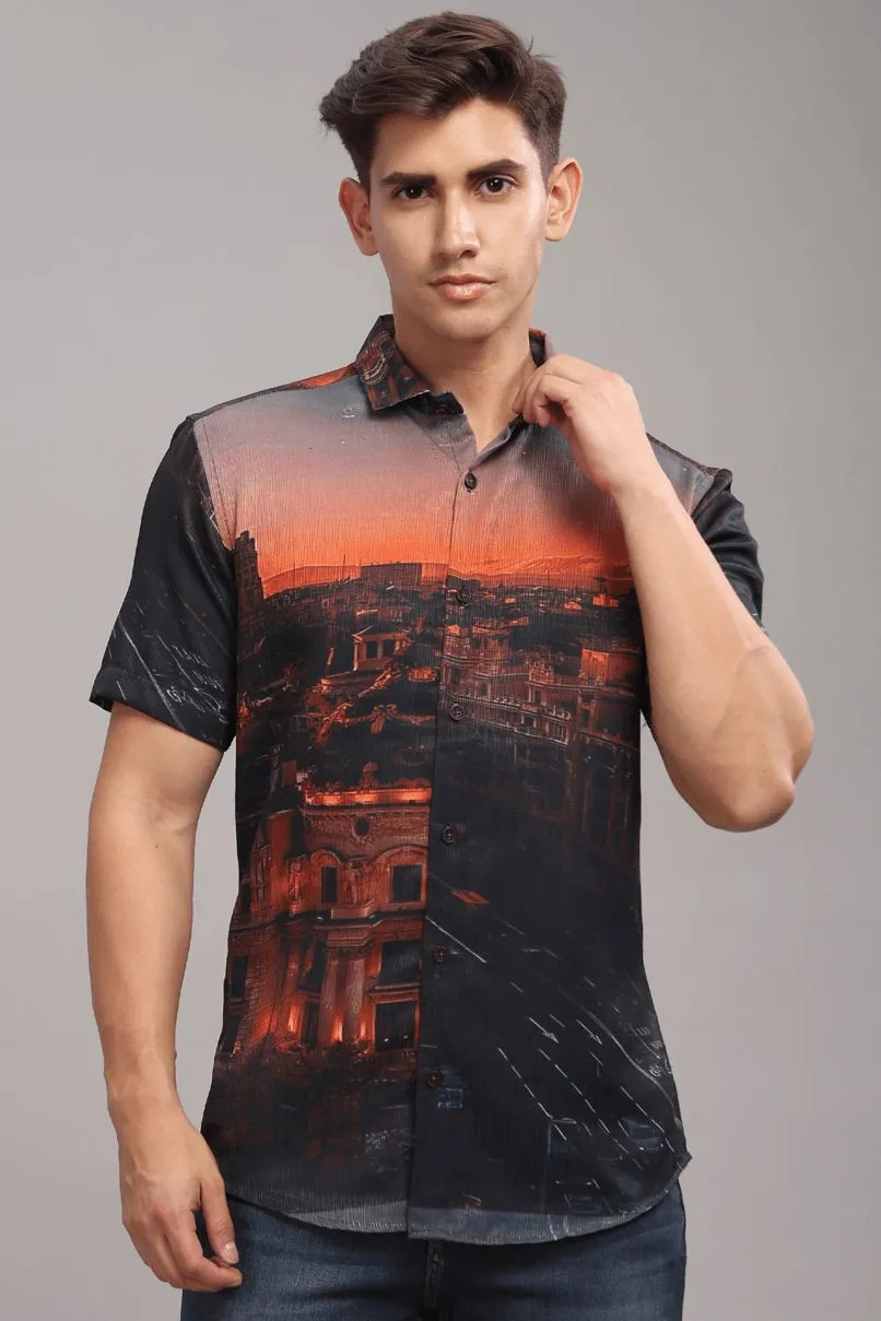 Mountain Black Printed Shirt - Half - Wrinkle Free