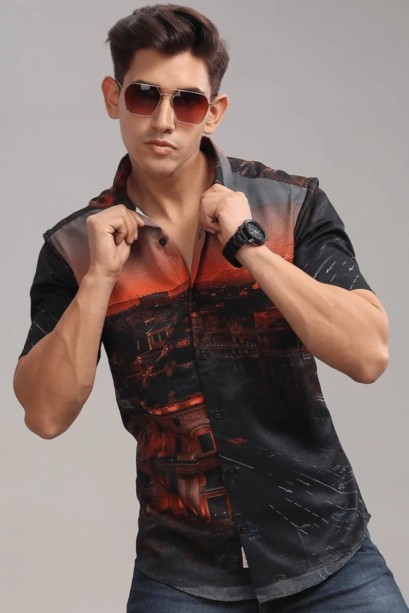 Mountain Black Printed Shirt - Half - Wrinkle Free