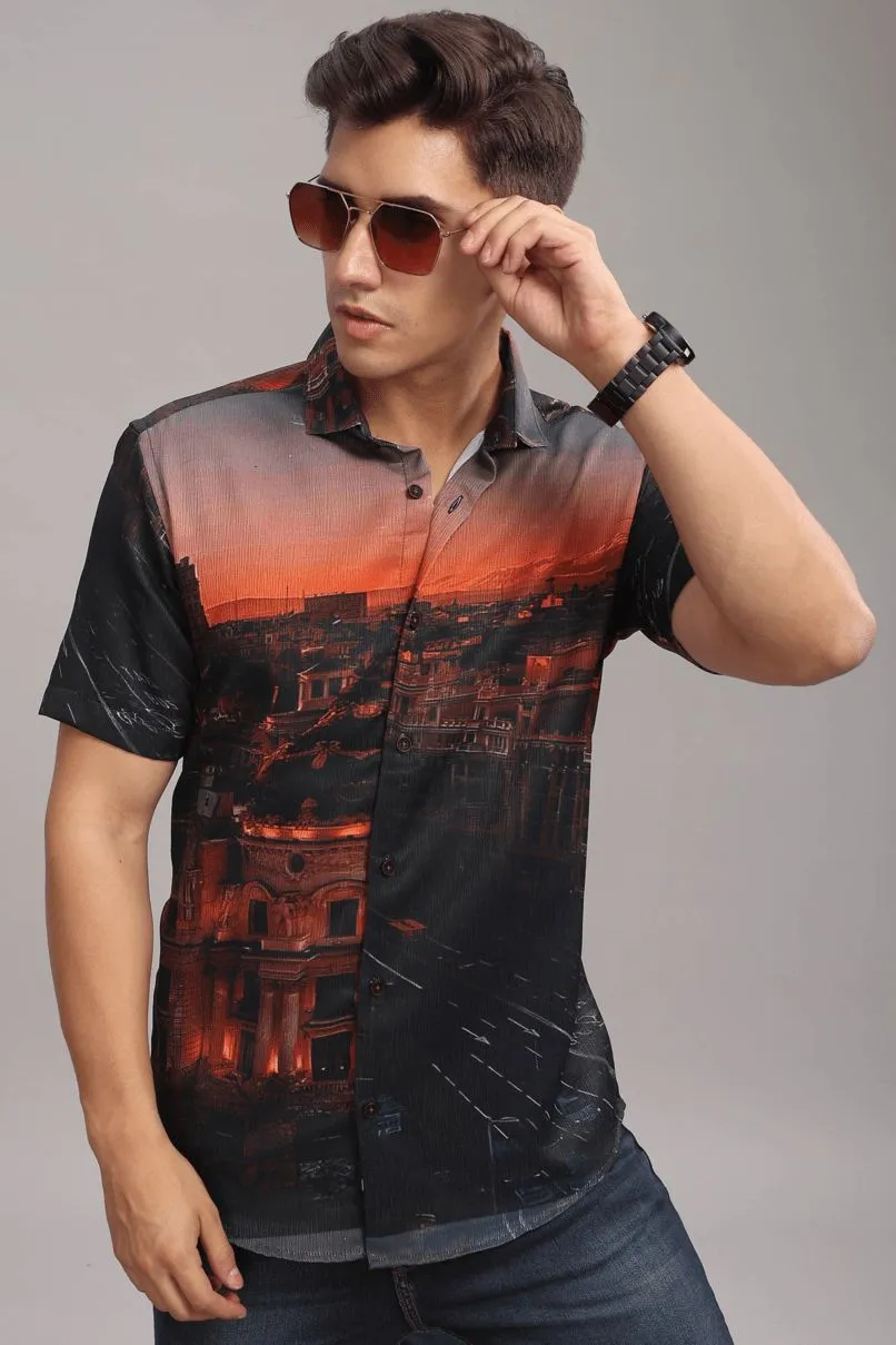 Mountain Black Printed Shirt - Half - Wrinkle Free
