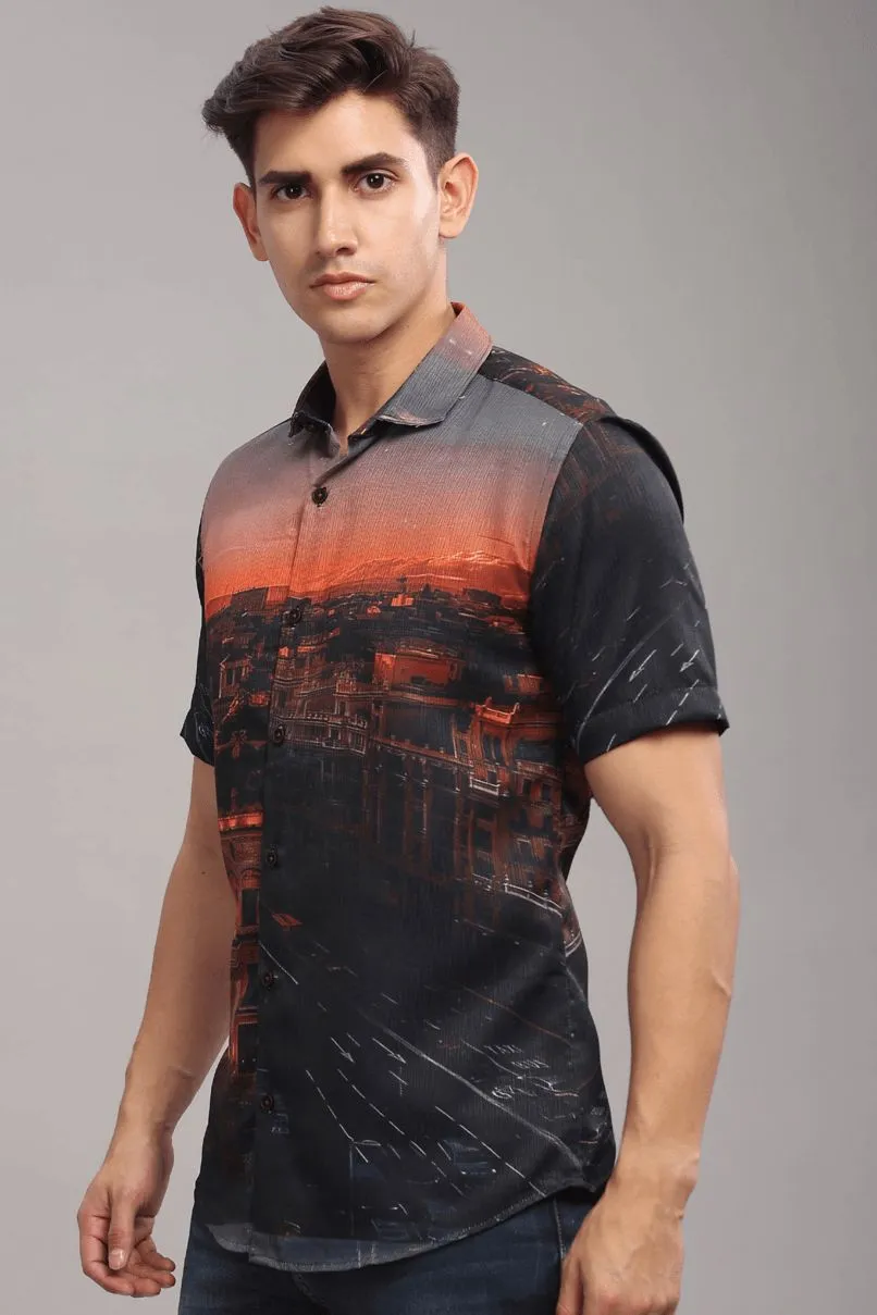 Mountain Black Printed Shirt - Half - Wrinkle Free