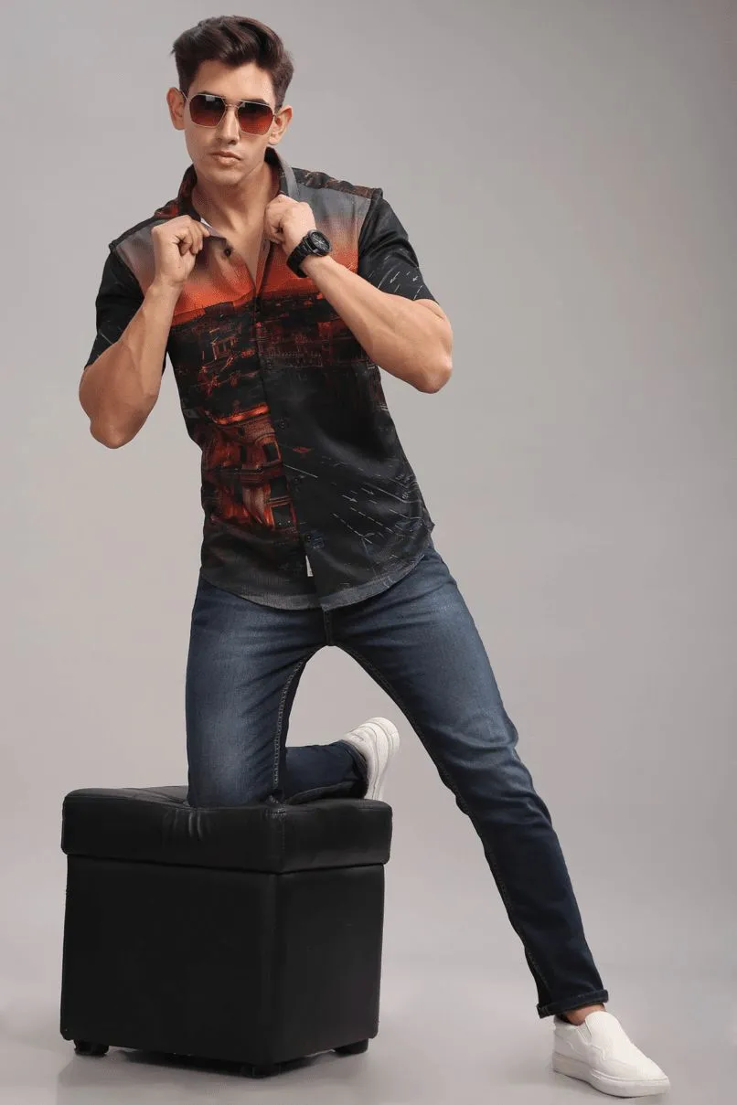 Mountain Black Printed Shirt - Half - Wrinkle Free
