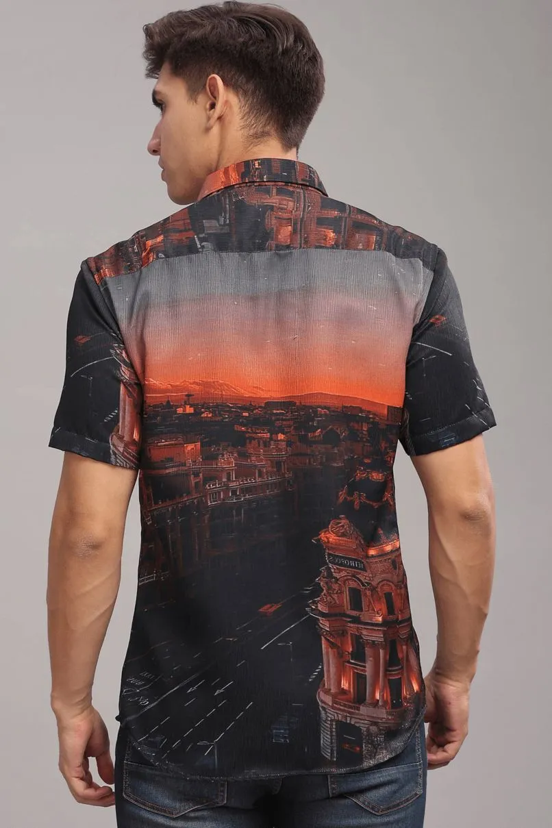 Mountain Black Printed Shirt - Half - Wrinkle Free