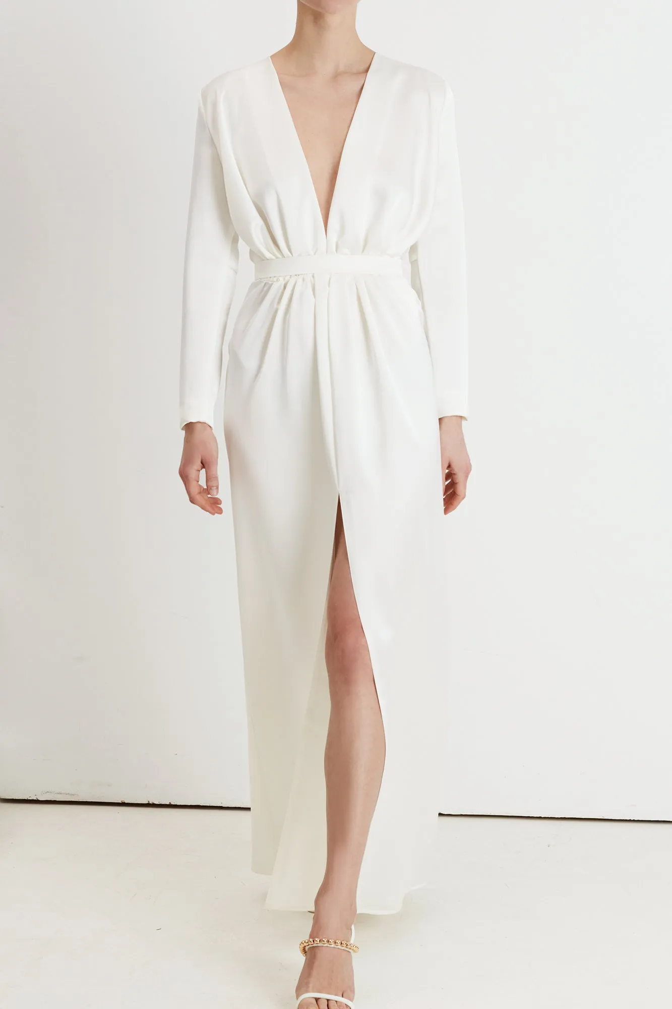 MUZA white satin deep v neck wedding dress