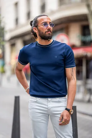 Navy Blue Slim Fit Crew Neck T-Shirt for Men by GentWith