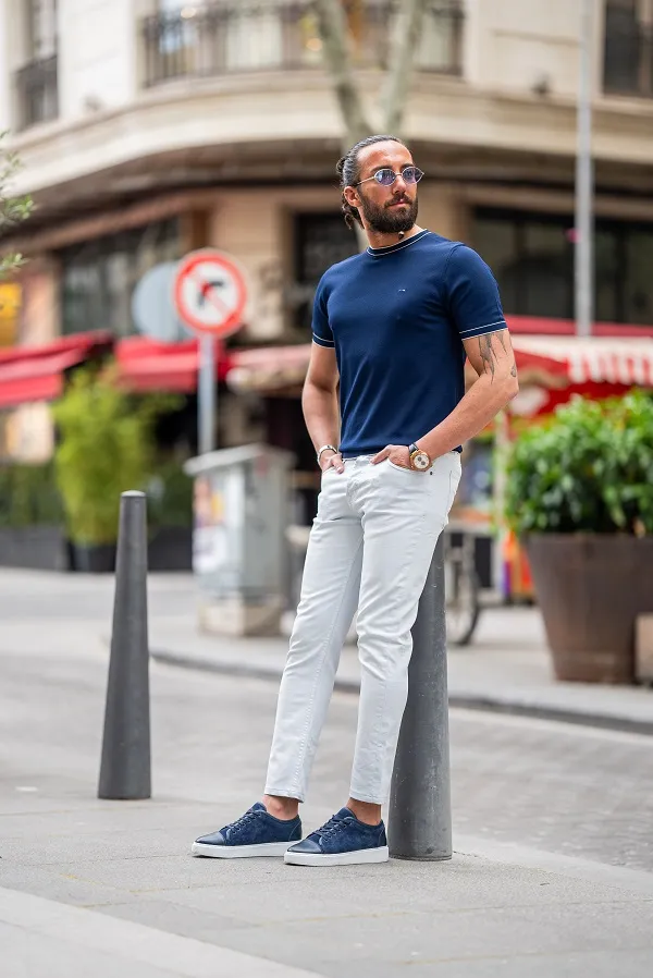 Navy Blue Slim Fit Crew Neck T-Shirt for Men by GentWith